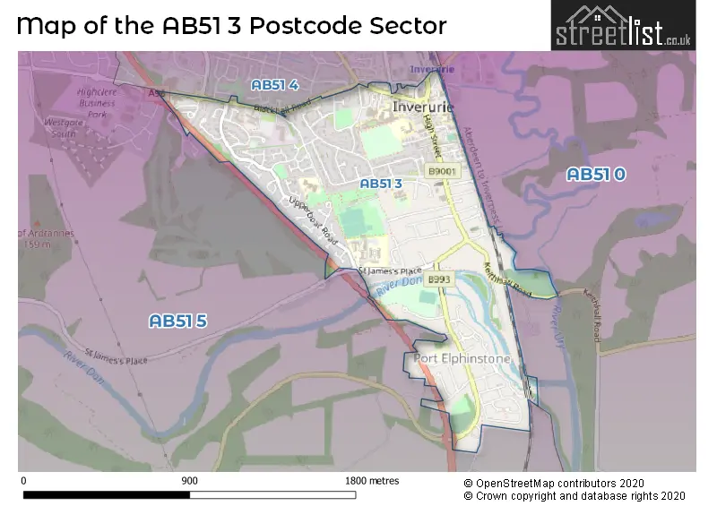 Map of the AB51 3 and surrounding postcode sector