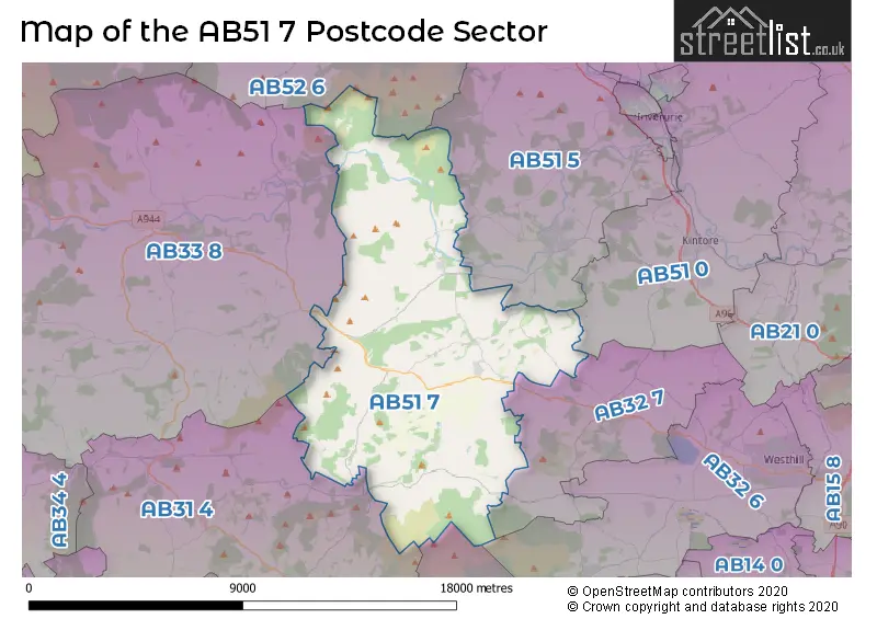 Map of the AB51 7 and surrounding postcode sector