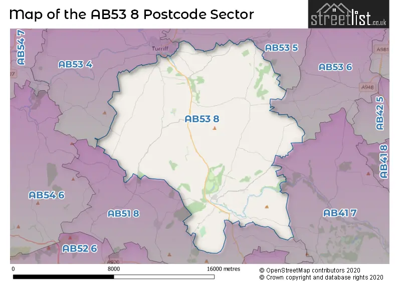 Map of the AB53 8 and surrounding postcode sector