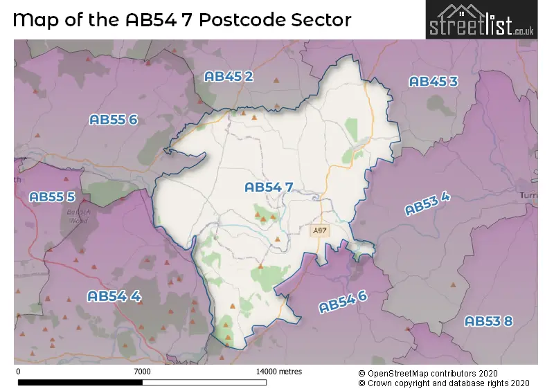 Map of the AB54 7 and surrounding postcode sector