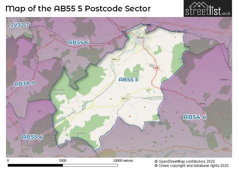 Map of the AB55 5 and surrounding postcode sector