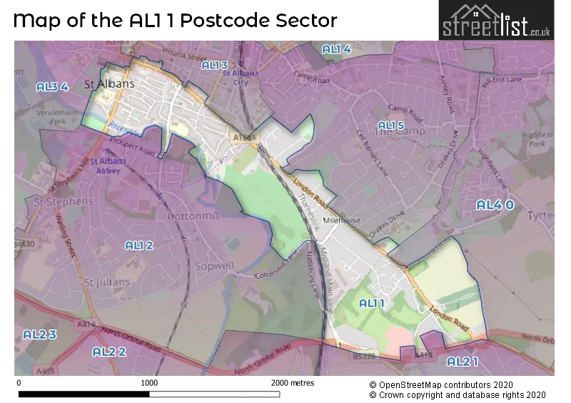 Map of the AL1 1 and surrounding postcode sector
