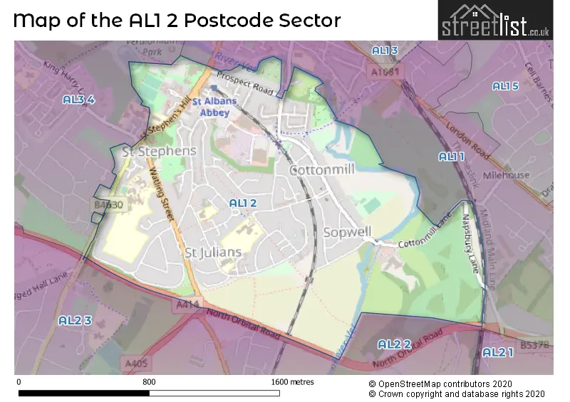 Map of the AL1 2 and surrounding postcode sector