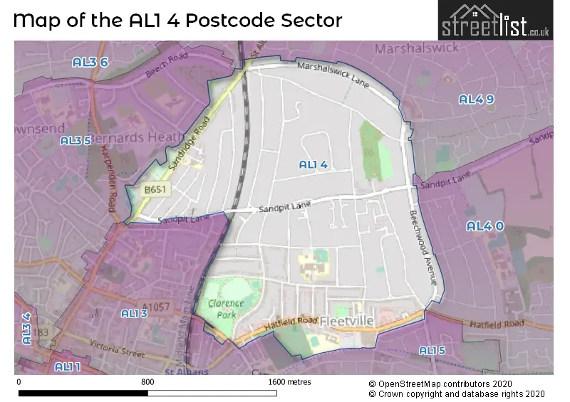 Map of the AL1 4 and surrounding postcode sector