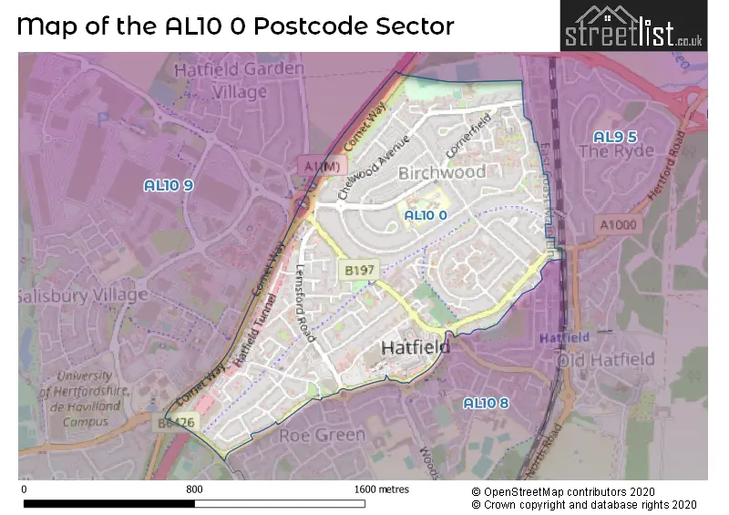 Map of the AL10 0 and surrounding postcode sector