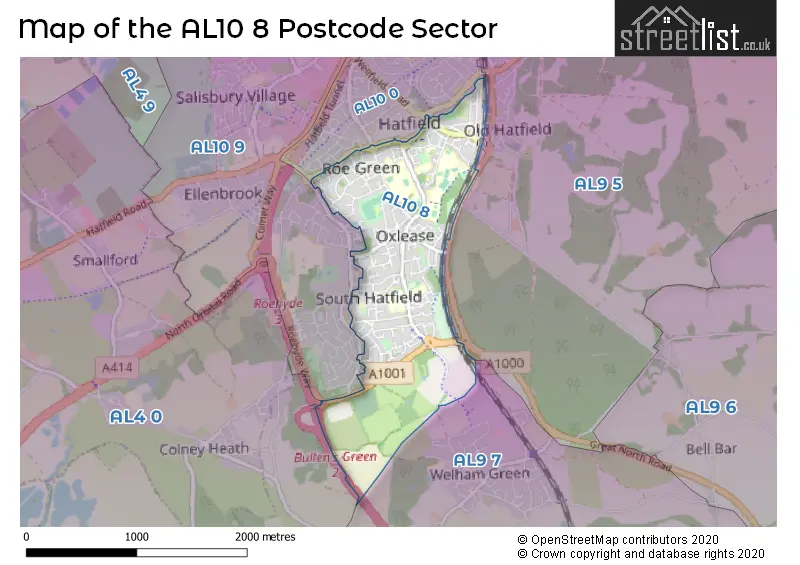 Map of the AL10 8 and surrounding postcode sector