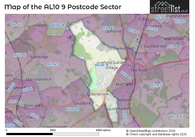 Map of the AL10 9 and surrounding postcode sector