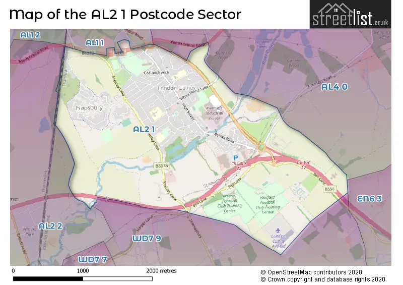 Map of the AL2 1 and surrounding postcode sector