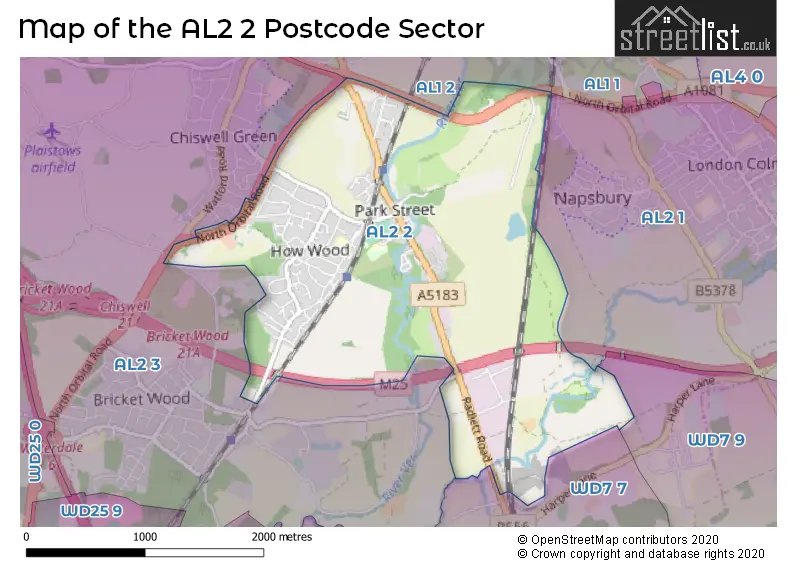 Map of the AL2 2 and surrounding postcode sector