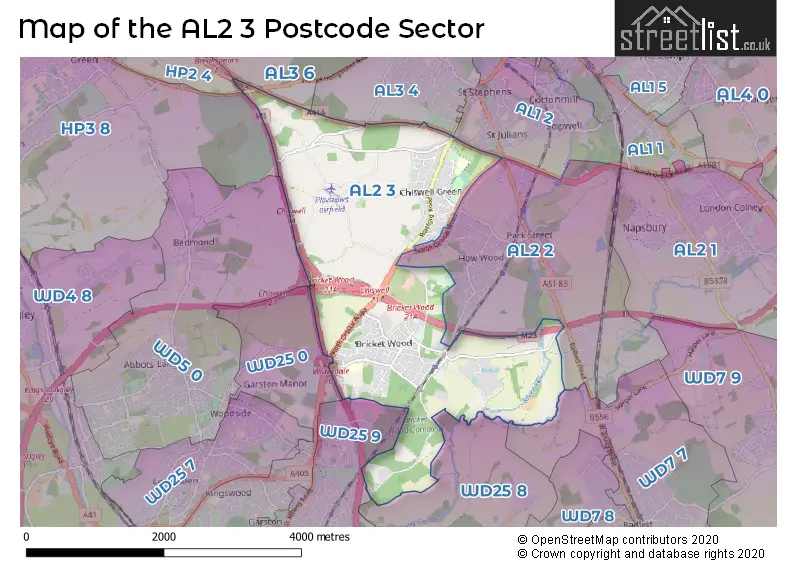 Map of the AL2 3 and surrounding postcode sector