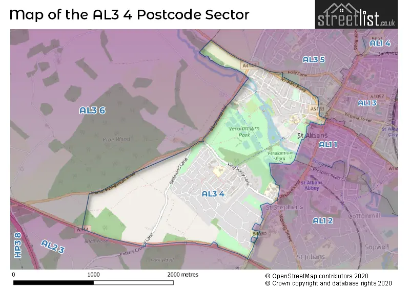 Map of the AL3 4 and surrounding postcode sector