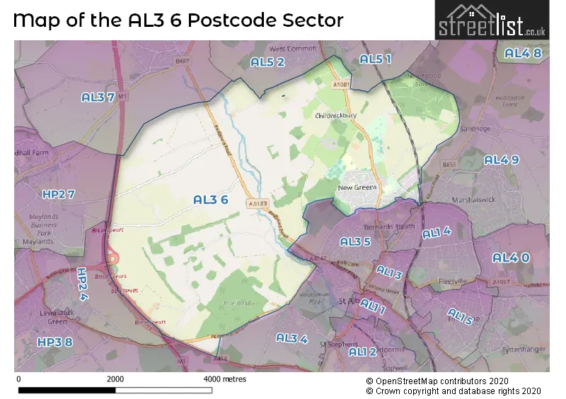 Map of the AL3 6 and surrounding postcode sector