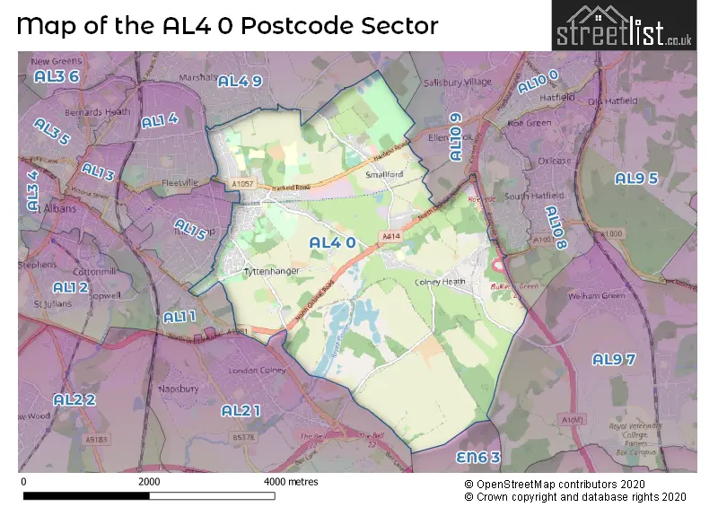 Map of the AL4 0 and surrounding postcode sector