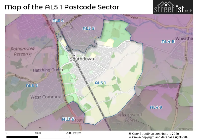 Map of the AL5 1 and surrounding postcode sector