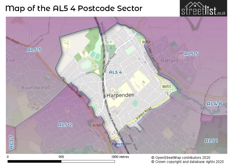 Map of the AL5 4 and surrounding postcode sector