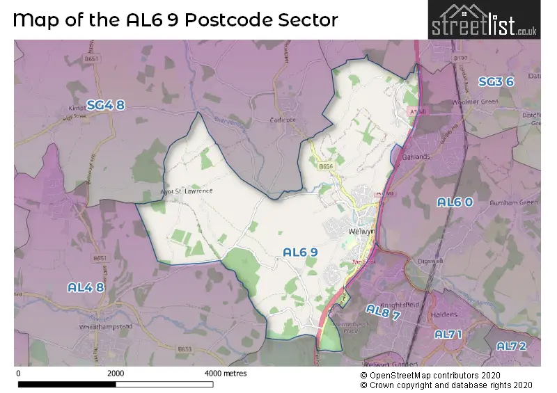 Map of the AL6 9 and surrounding postcode sector