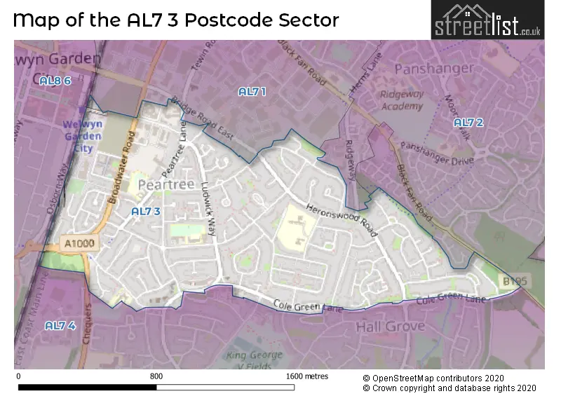Map of the AL7 3 and surrounding postcode sector