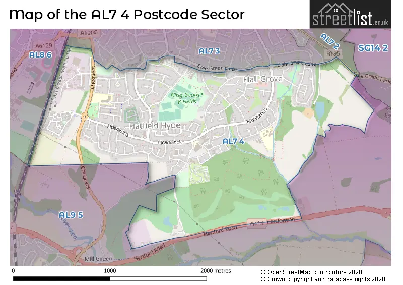 Map of the AL7 4 and surrounding postcode sector