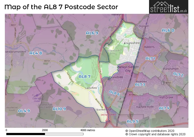 Map of the AL8 7 and surrounding postcode sector