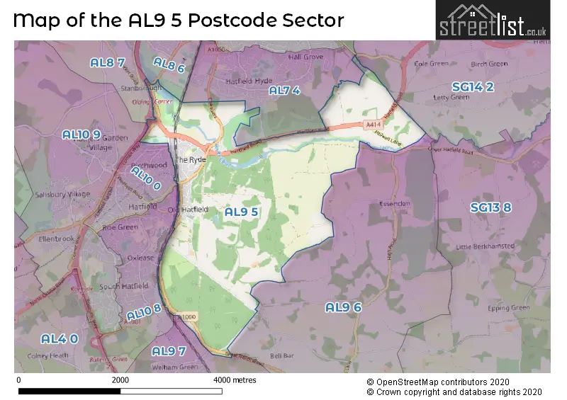 Map of the AL9 5 and surrounding postcode sector