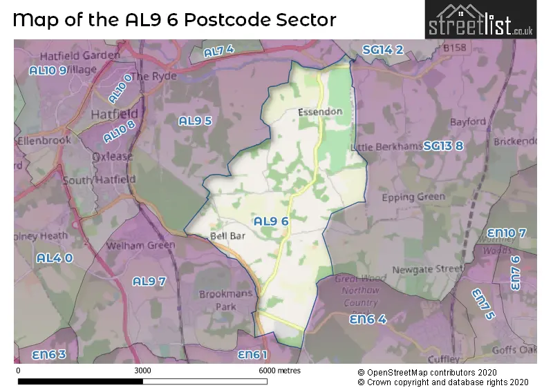 Map of the AL9 6 and surrounding postcode sector