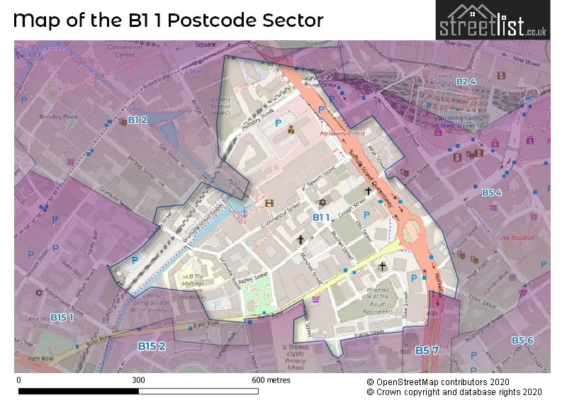 Map of the B1 1 and surrounding postcode sector