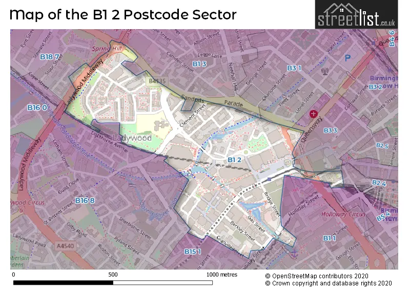 Map of the B1 2 and surrounding postcode sector