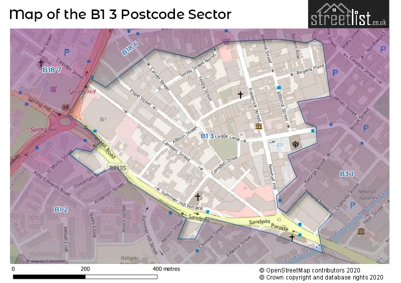 Map of the B1 3 and surrounding postcode sector