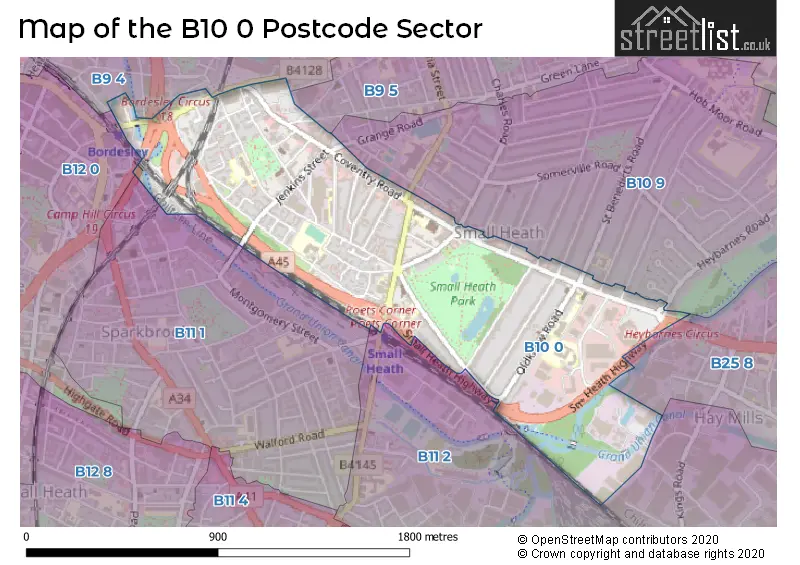 Map of the B10 0 and surrounding postcode sector