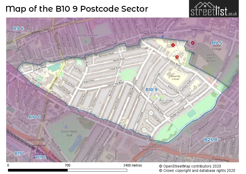 Map of the B10 9 and surrounding postcode sector