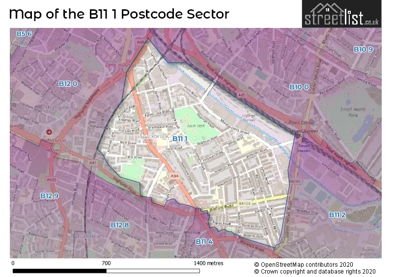 Map of the B11 1 and surrounding postcode sector