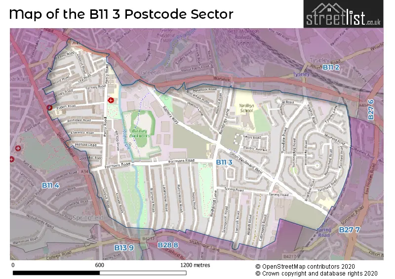 Map of the B11 3 and surrounding postcode sector
