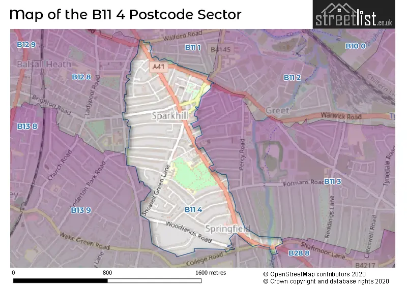 Map of the B11 4 and surrounding postcode sector