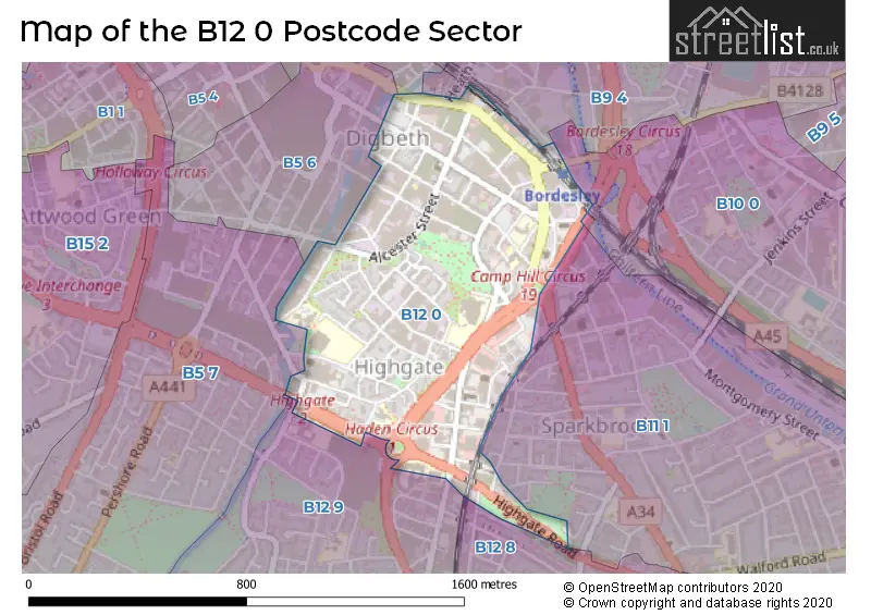 Map of the B12 0 and surrounding postcode sector
