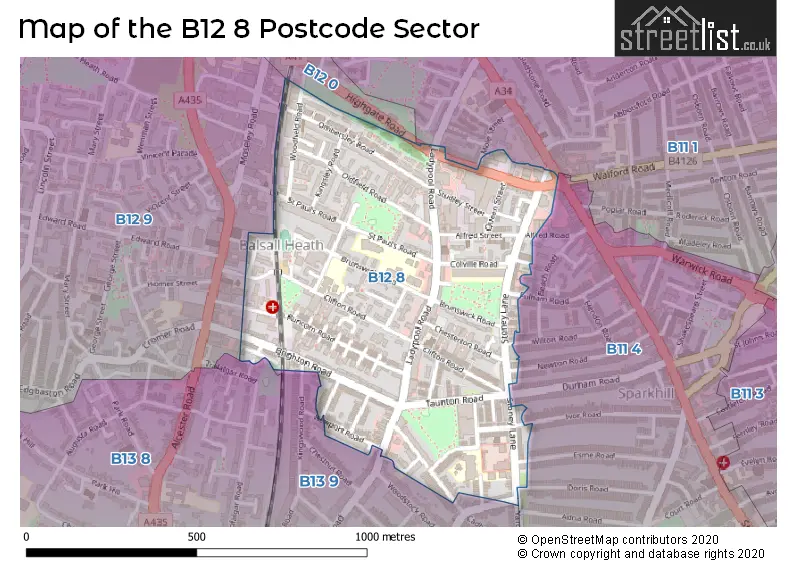 Map of the B12 8 and surrounding postcode sector