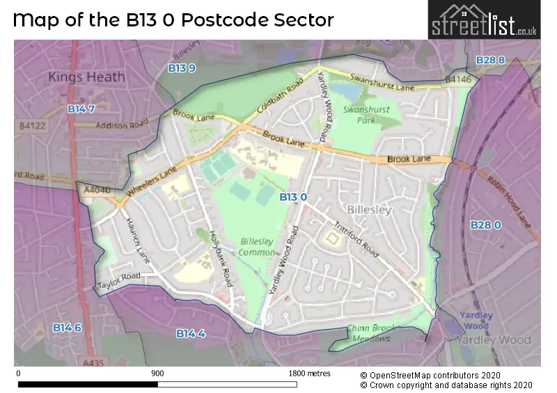 Map of the B13 0 and surrounding postcode sector