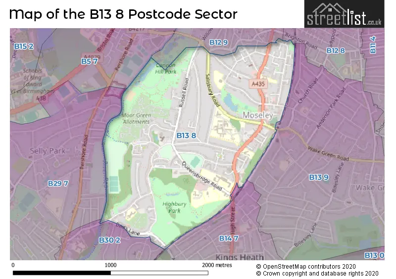 Map of the B13 8 and surrounding postcode sector