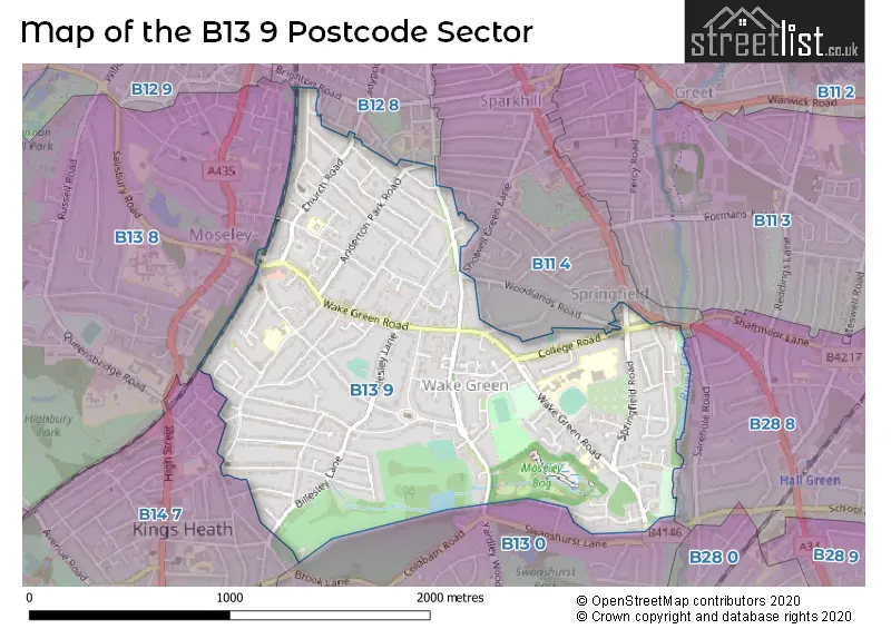 Map of the B13 9 and surrounding postcode sector