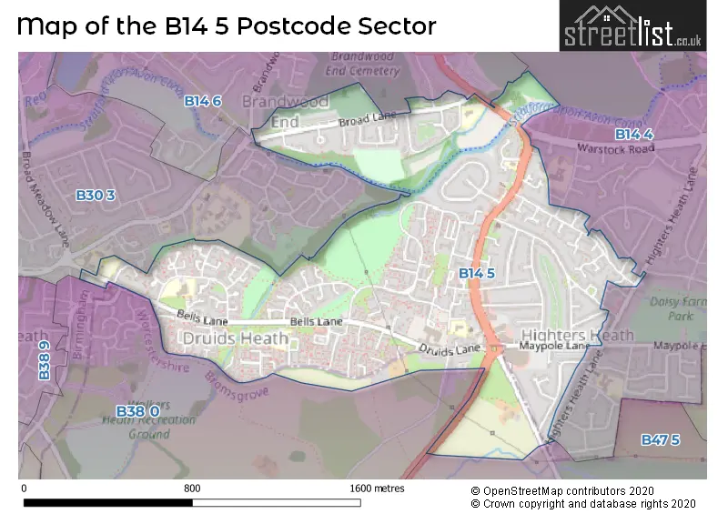 Map of the B14 5 and surrounding postcode sector