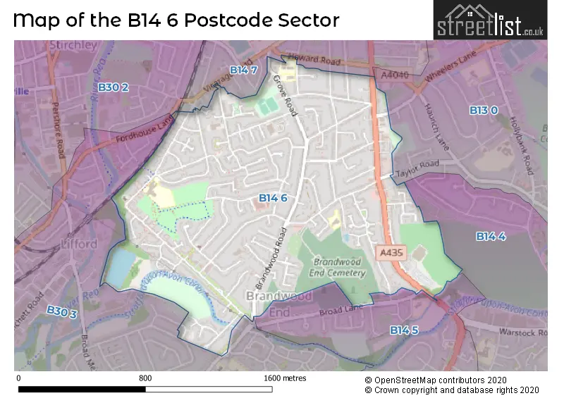 Map of the B14 6 and surrounding postcode sector