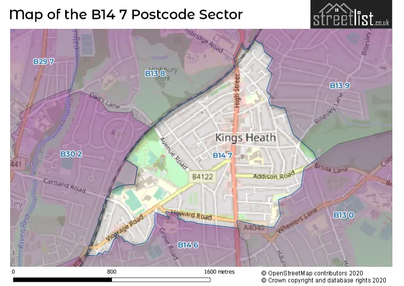 Map of the B14 7 and surrounding postcode sector