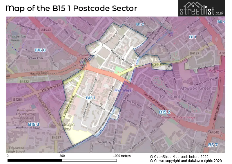 Map of the B15 1 and surrounding postcode sector