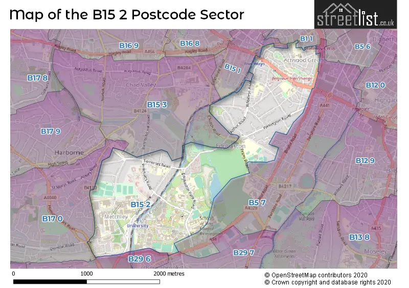 Map of the B15 2 and surrounding postcode sector