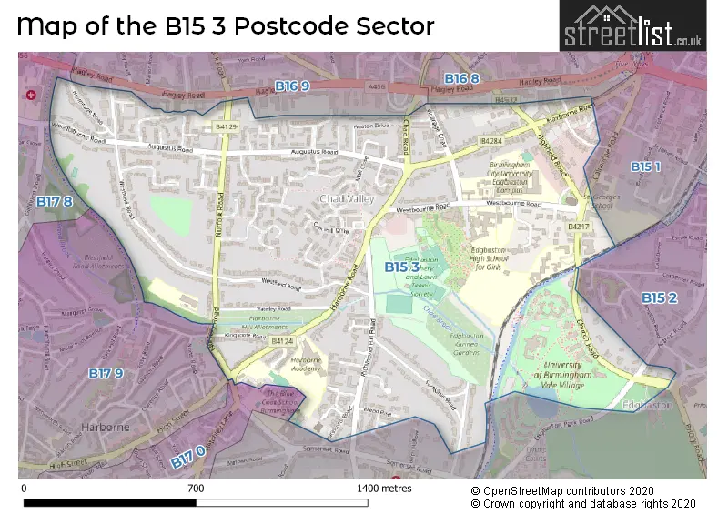 Map of the B15 3 and surrounding postcode sector