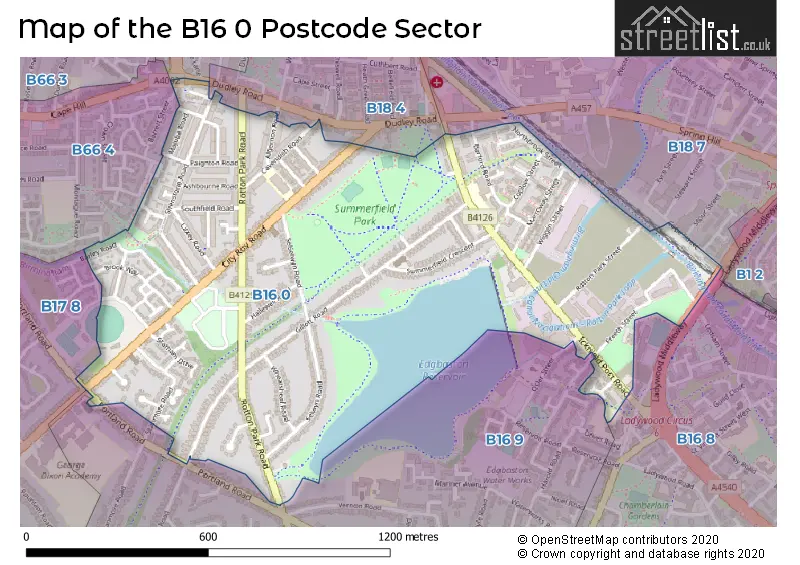 Map of the B16 0 and surrounding postcode sector