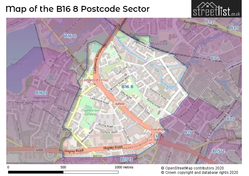 Map of the B16 8 and surrounding postcode sector