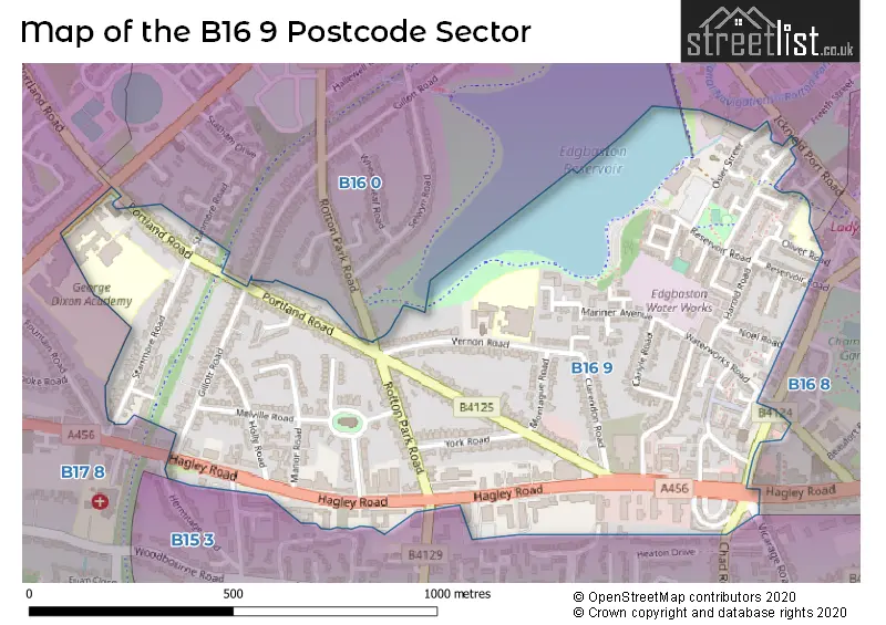 Map of the B16 9 and surrounding postcode sector