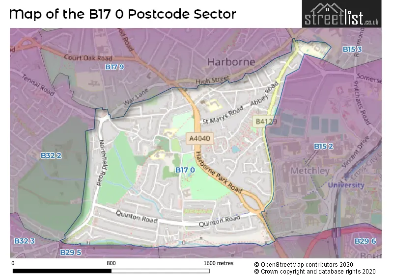 Map of the B17 0 and surrounding postcode sector