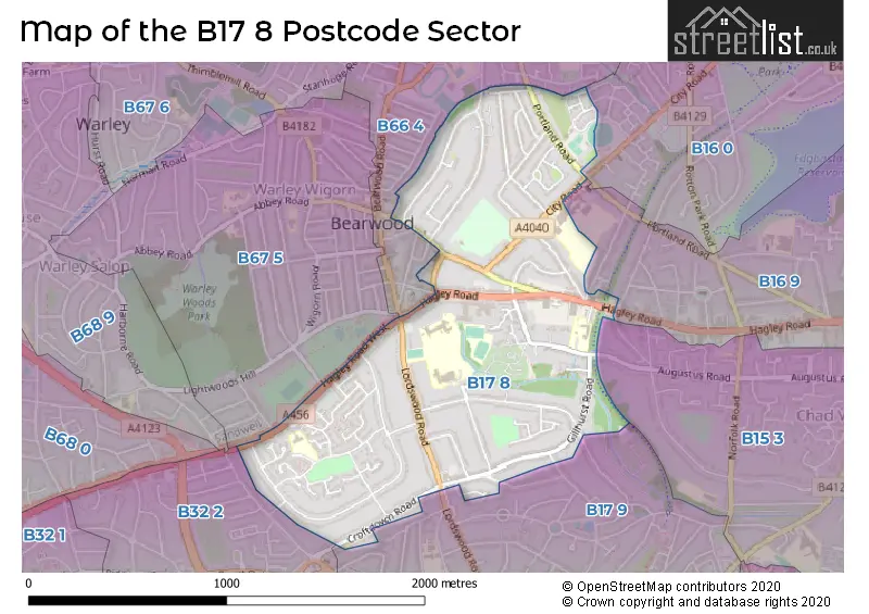 Map of the B17 8 and surrounding postcode sector