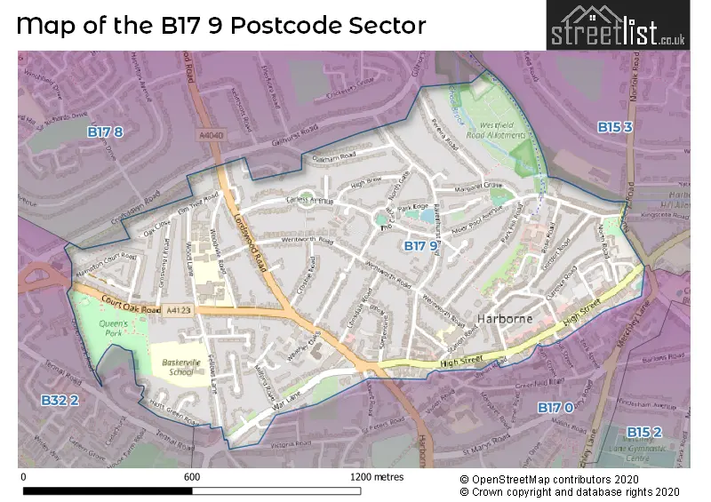 Map of the B17 9 and surrounding postcode sector